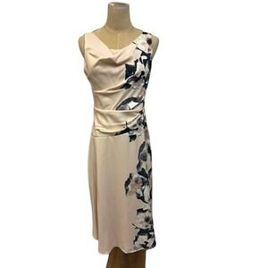 NWT! "DKNY" Floral‎ Print Midi Dress Beige Blk SZ 2 Rouched MSRP-$132 Watercolor